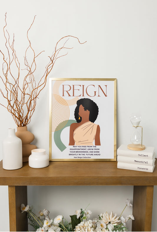 Beautiful wall art illustration of a black woman with an afro hair style with a soft pink top and inspirational positive affirmation. The picture is in a  gold frame with beautiful home decor.