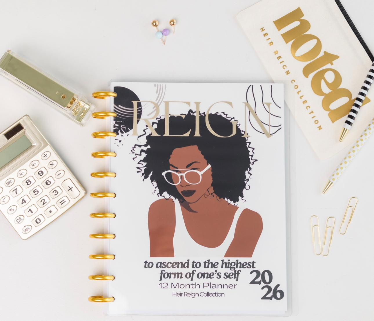 Reign Creative 12-Month Planner with illustrated Black woman in glasses, Luxury refillable disc-bound planner USA with stylish modern cover design,
2026 Heir Reign Collection creative planner for women professionals