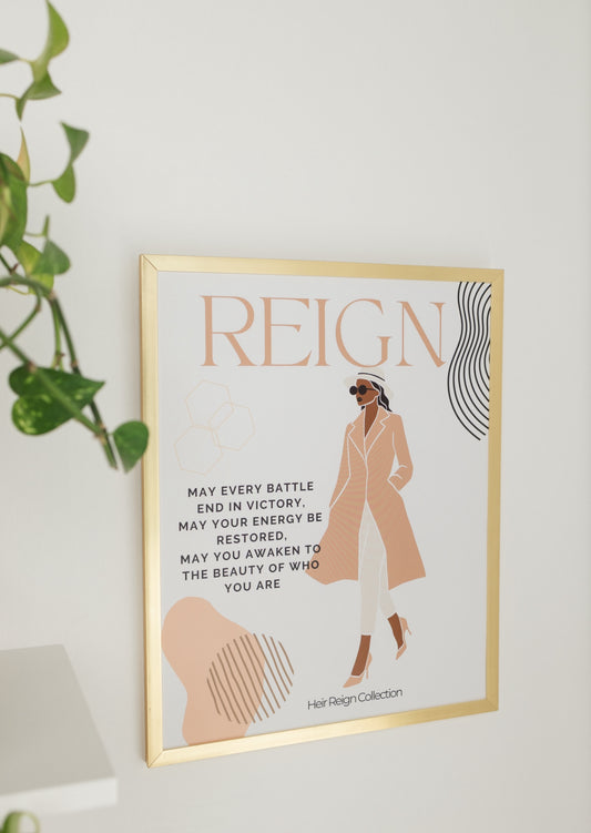 Beautiful wall art illustration of a black woman. She is wearing a pink trench coat, white  pants and high heel shoes. The picture also has an inspirational positive affirmation next to the woman. The picture is in a  gold frame with beautiful home decor. 