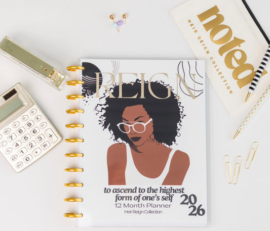 Reign Creative 12-Month Planner with illustrated Black woman in glasses, Luxury refillable disc-bound planner USA with stylish modern cover design,
2026 Heir Reign Collection creative planner for women professionals