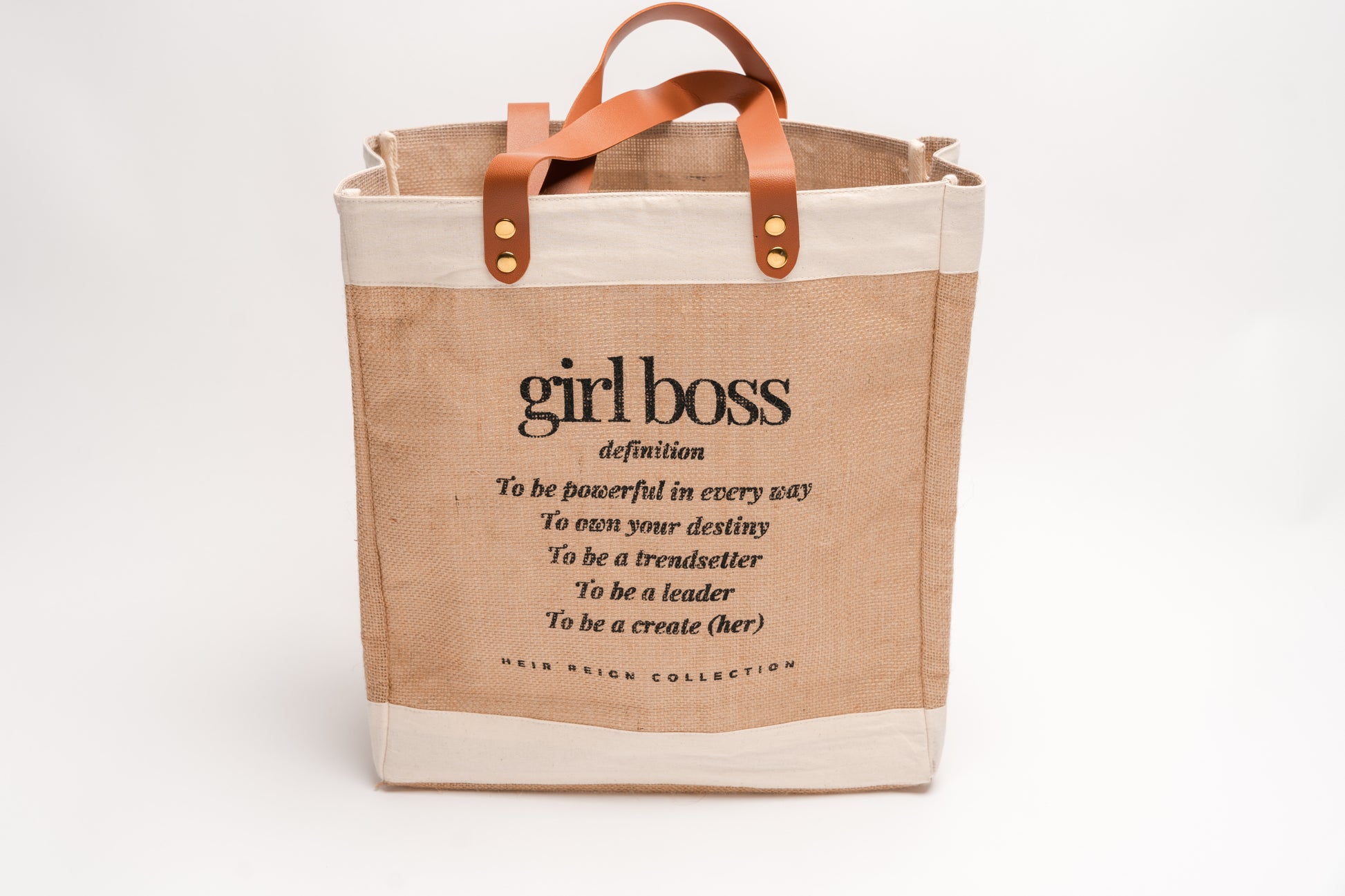 This is a picture of a burlap tote bag with a positive affirmation quote on the front. 