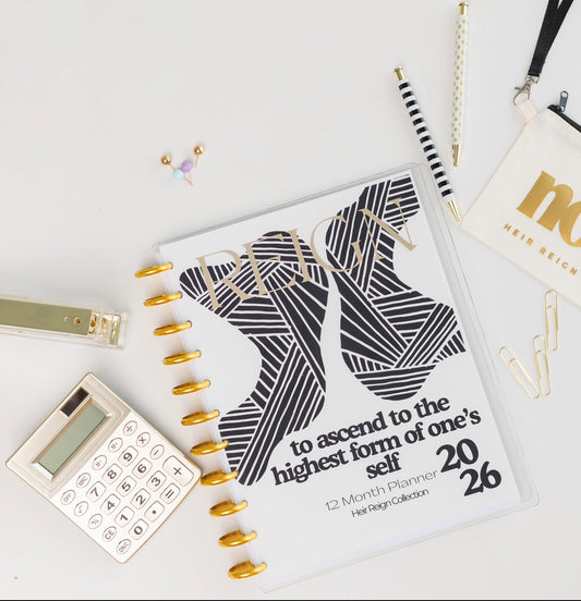 Planner with gold accents and a calculator on a white background, 2026 geometric cover disc-bound 12-Month Planner by Heir Reign Collection